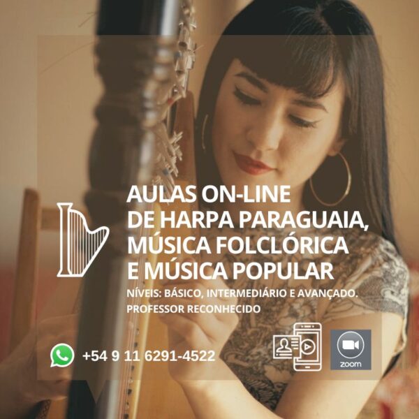 Aulas on-line de harpa paraguaia, música folclórica e popular